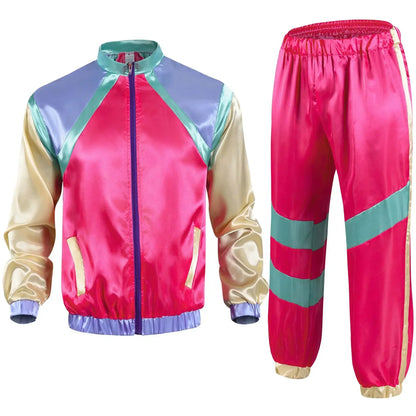 Vibrant multi-colored satin men’s 80s tracksuit vintage hip hop windbreaker with pink gold and teal panels shell suit outfits