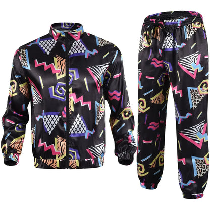 Black satin men’s 80s tracksuit vintage with vibrant neon geometric and animal print hip hop windbreaker shell suit outfits