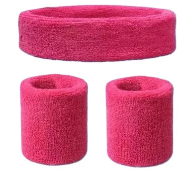 Bright pink soft-textured sweatband set with matching wristbands for 80s tracksuit vintage hip hop windbreaker shell suit outfits