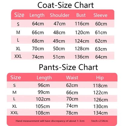 Size chart for men’s 80s tracksuit vintage hip hop windbreaker shell suit outfits showing coat and pants measurements s to xxl