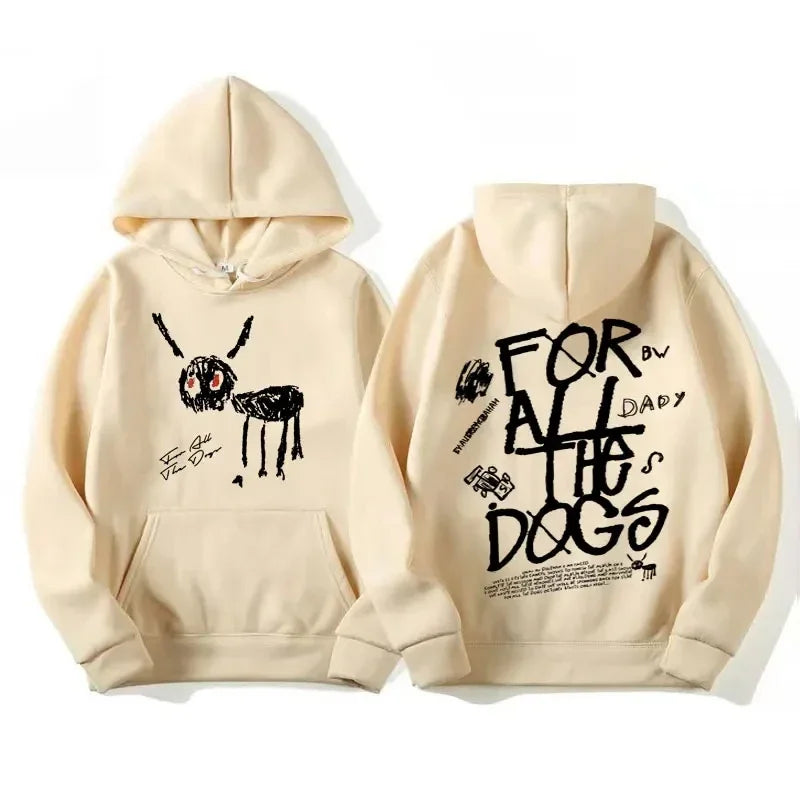 Cream-colored fashion hip hop hoodie featuring black cartoon dog graphic and bold for all the dogs lettering on back