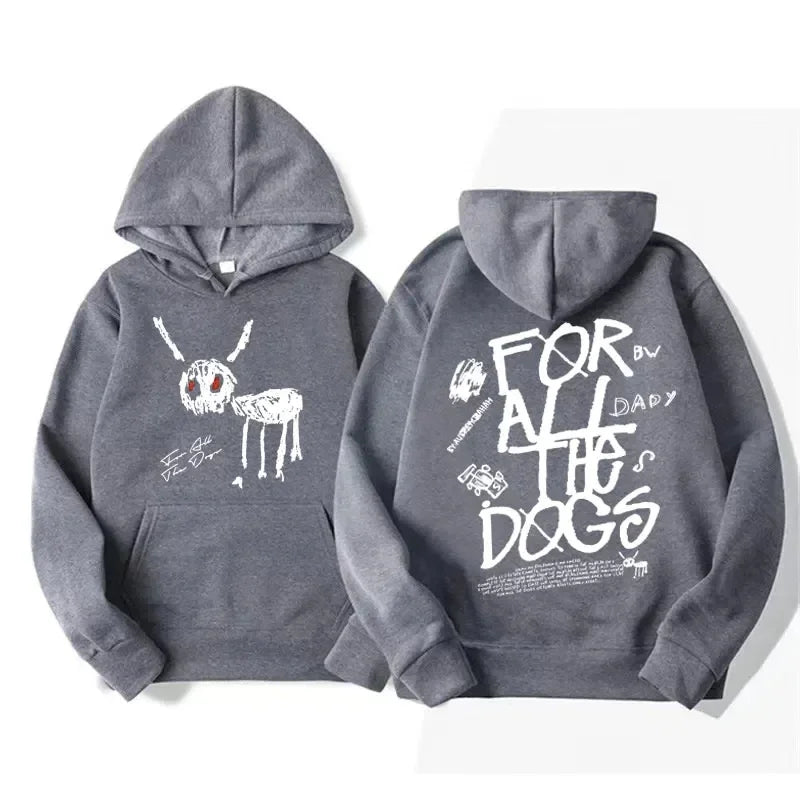 Dark gray fashion hip hop hoodie with white skeleton rabbit graphic front and for all the dogs lettering back print