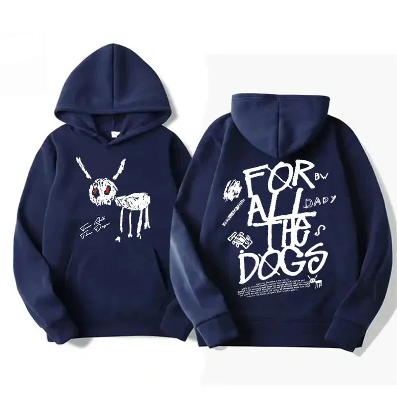 Men’s and women’s navy blue fashion hip hop hoodie with white skeletal print and for all the dogs text for rap singer hoodies