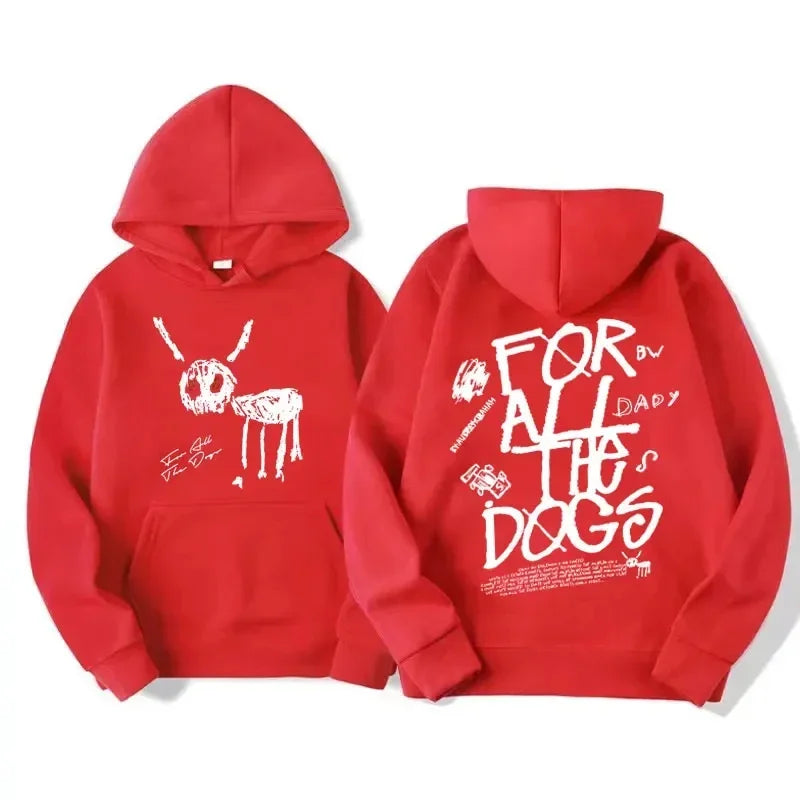 Red hoodie with white graphic prints and a stylized rabbit skull, featuring for all the dogs text for fashion hip hop hoodies rap singer fans