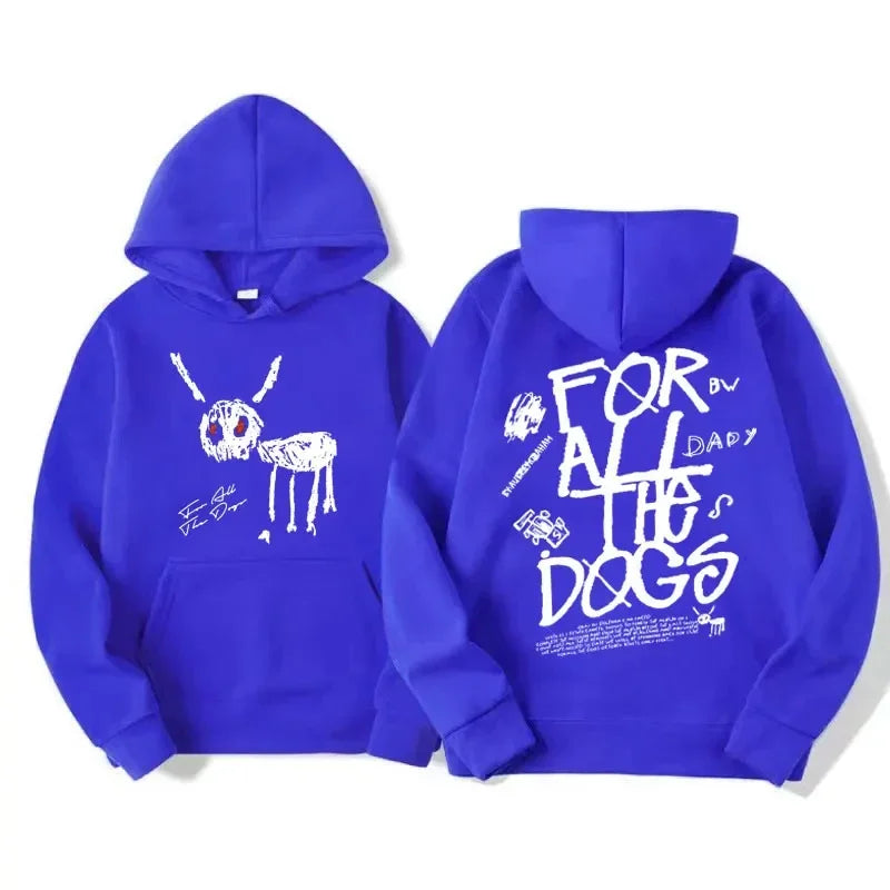 Vibrant royal blue fashion hip hop hoodie with white skeleton rabbit front graphic and for all the dogs back lettering