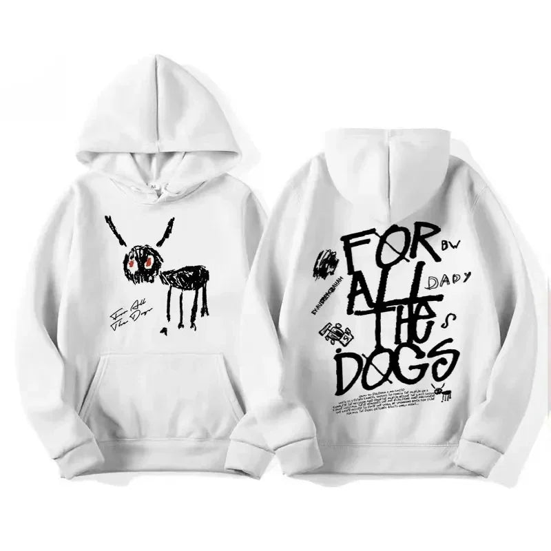 White hoodie with black dog doodle on front and for all the dogs text on back in fashion hip hop hoodies rap singer style