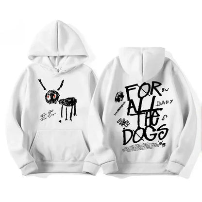 White hoodie with black dog doodle on front and for all the dogs text on back in fashion hip hop hoodies rap singer style