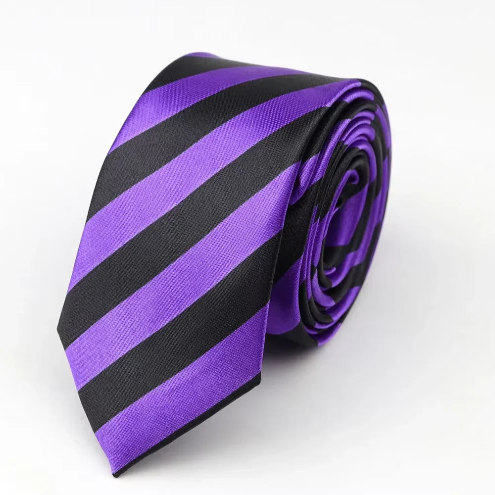A sleek purple and black classic skinny tie with colorful musical notes printed piano polyester for party cosplay