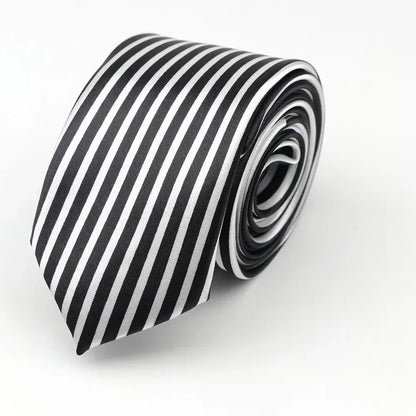 A sleek black and white striped classic skinny tie made of printed piano polyester ideal for party cosplay gifts