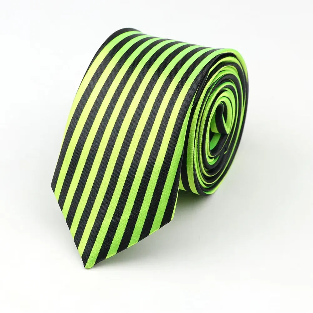 A vibrant neon green and black striped classic skinny tie made of printed piano polyester for party cosplay gift accessory