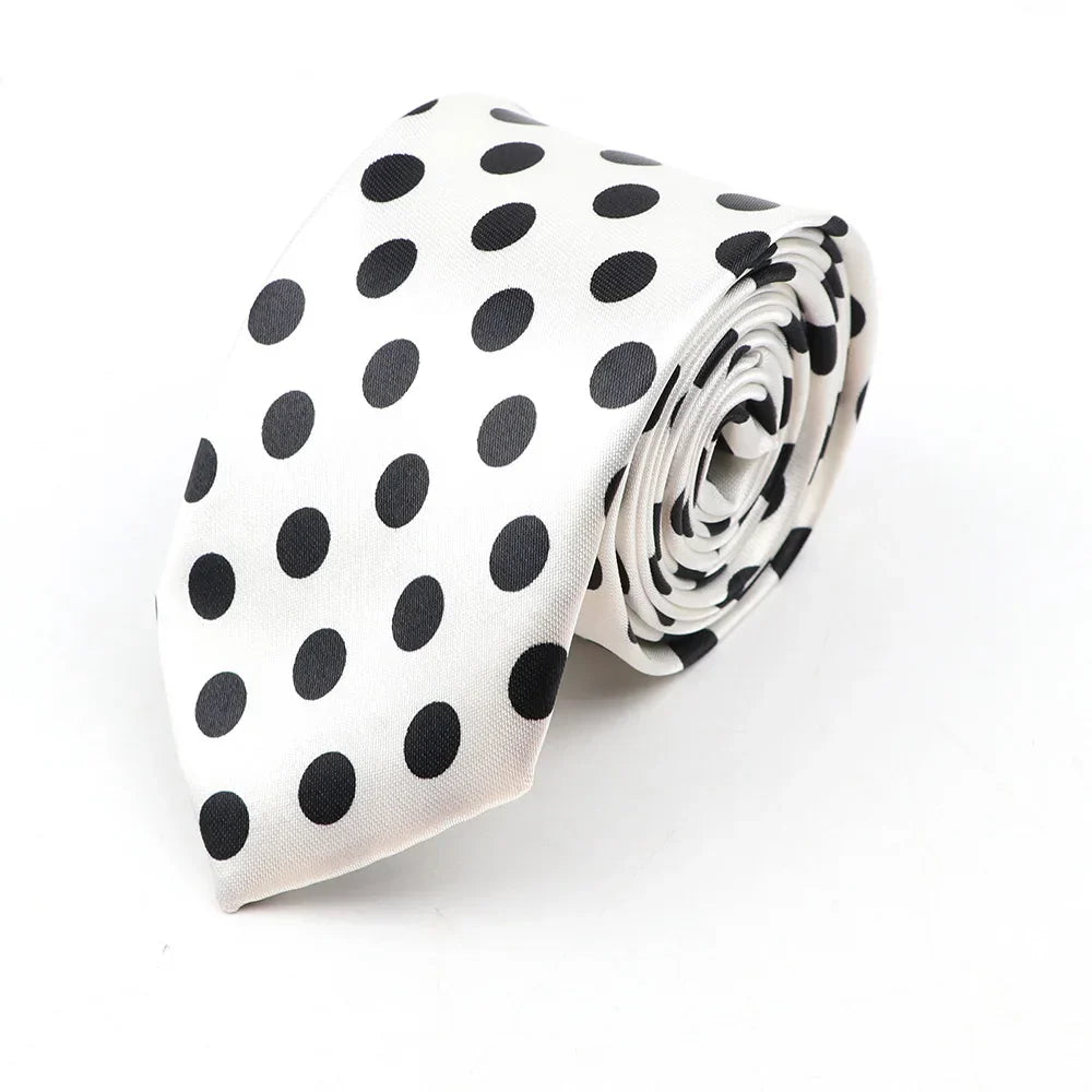 A sleek white silk classic skinny tie with black polka dots for stylish party cosplay accessories