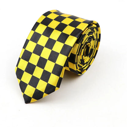 A sleek yellow and black checkered classic skinny tie made of printed piano polyester neatly rolled for display