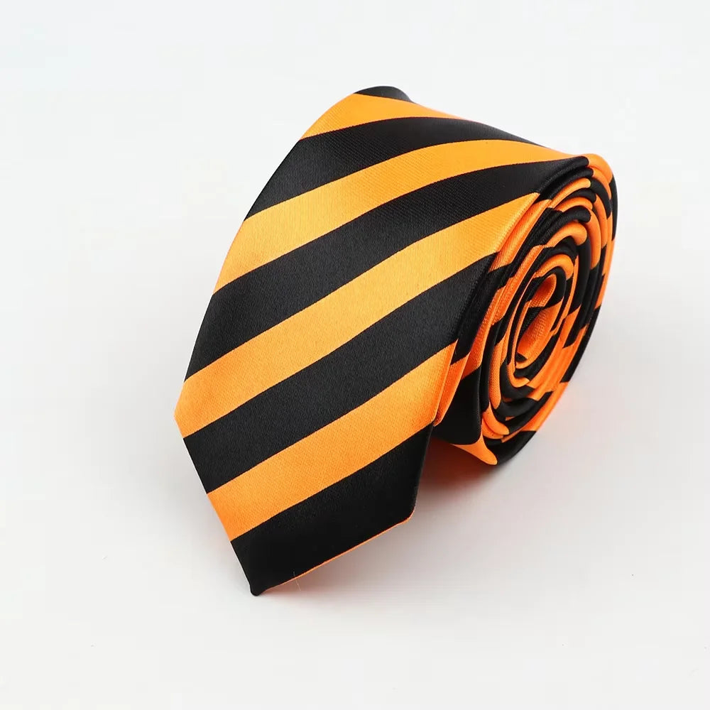 A sleek rolled classic skinny tie with orange and black stripes made of printed piano polyester for party cosplay gift