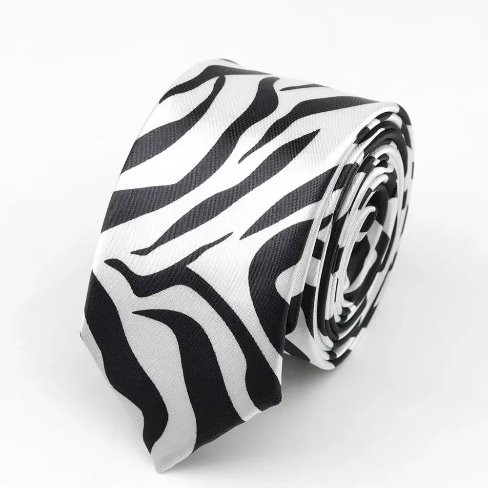 A sleek black and white zebra-striped classic skinny tie made of printed piano polyester, ideal for party cosplay gifts