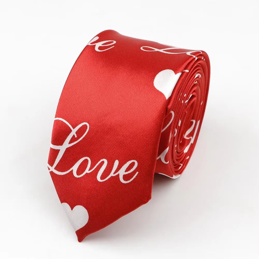 Men’s classic skinny tie in red satin with love script and heart pattern printed piano polyester for party cosplay