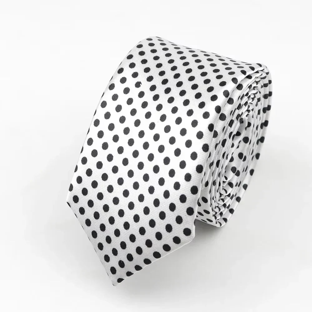 A sleek white satin classic skinny tie with black polka dots made of printed piano polyester for party cosplay