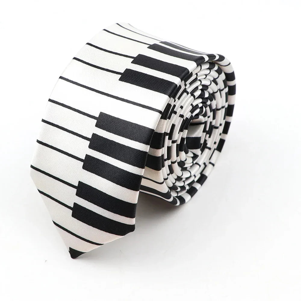 Men’s classic skinny tie with black and white printed piano polyester keys in smooth satin fabric for party cosplay gift accessory