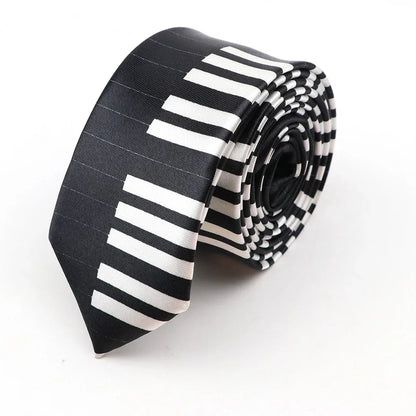 Men’s classic skinny tie with black and white printed piano polyester pattern for party cosplay gift accessory