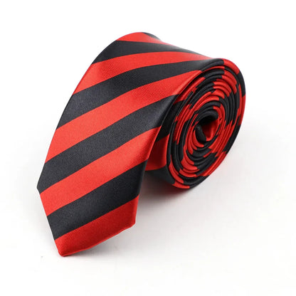 A sleek red and black striped classic skinny tie made of printed piano polyester, perfect for party and cosplay use