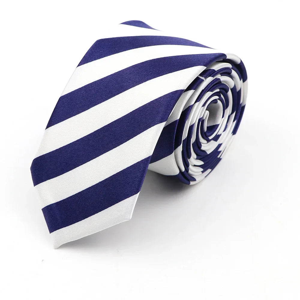 A navy blue and white diagonally striped classic skinny tie made of printed piano polyester for party and cosplay use