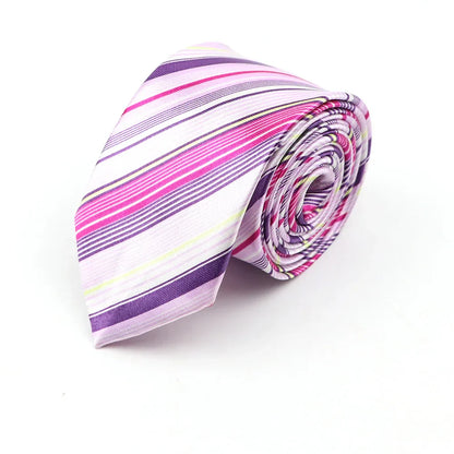 A rolled classic skinny tie in pink purple and white stripes with yellow accents made of printed piano polyester