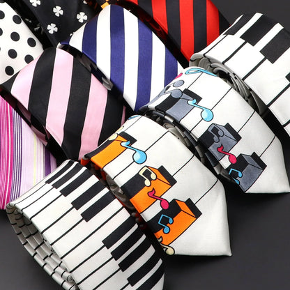 A collection of men’s classic skinny ties with colorful musical notes and printed piano polyester designs for party wear