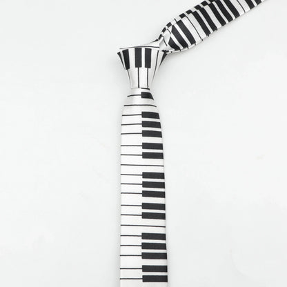 A sleek classic skinny tie with black and white printed piano polyester design and a smooth satin finish