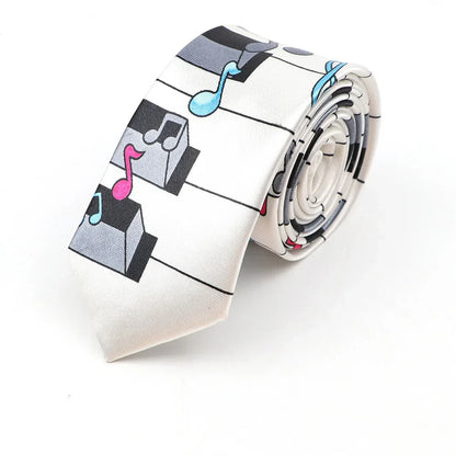 White silk classic skinny tie with printed piano polyester pattern and colorful musical notes in pink blue and teal