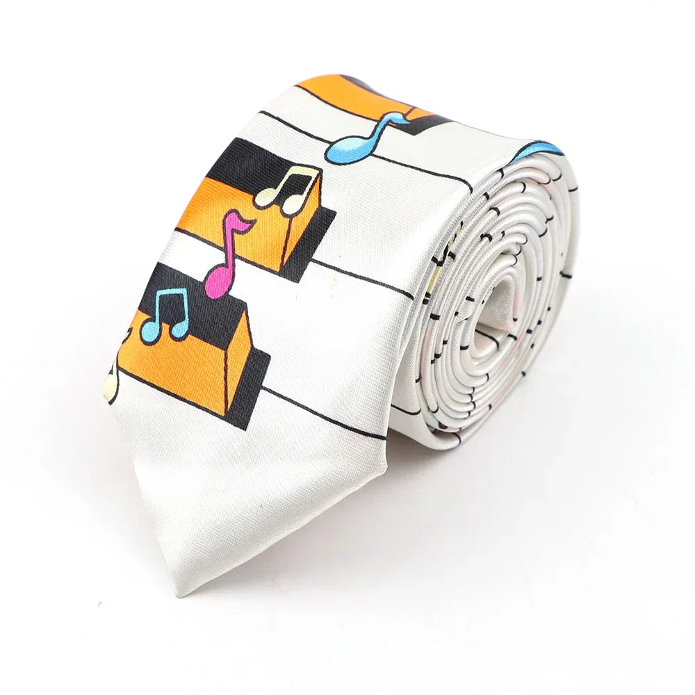 Men’s classic skinny tie in white silk with printed piano polyester design and colorful musical notes for party cosplay