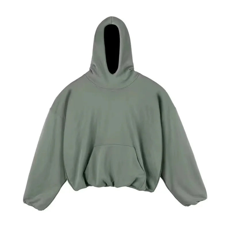 Men’s designer oversized olive green cropped hoodie with hood and front pocket, loose fit for hip hop style