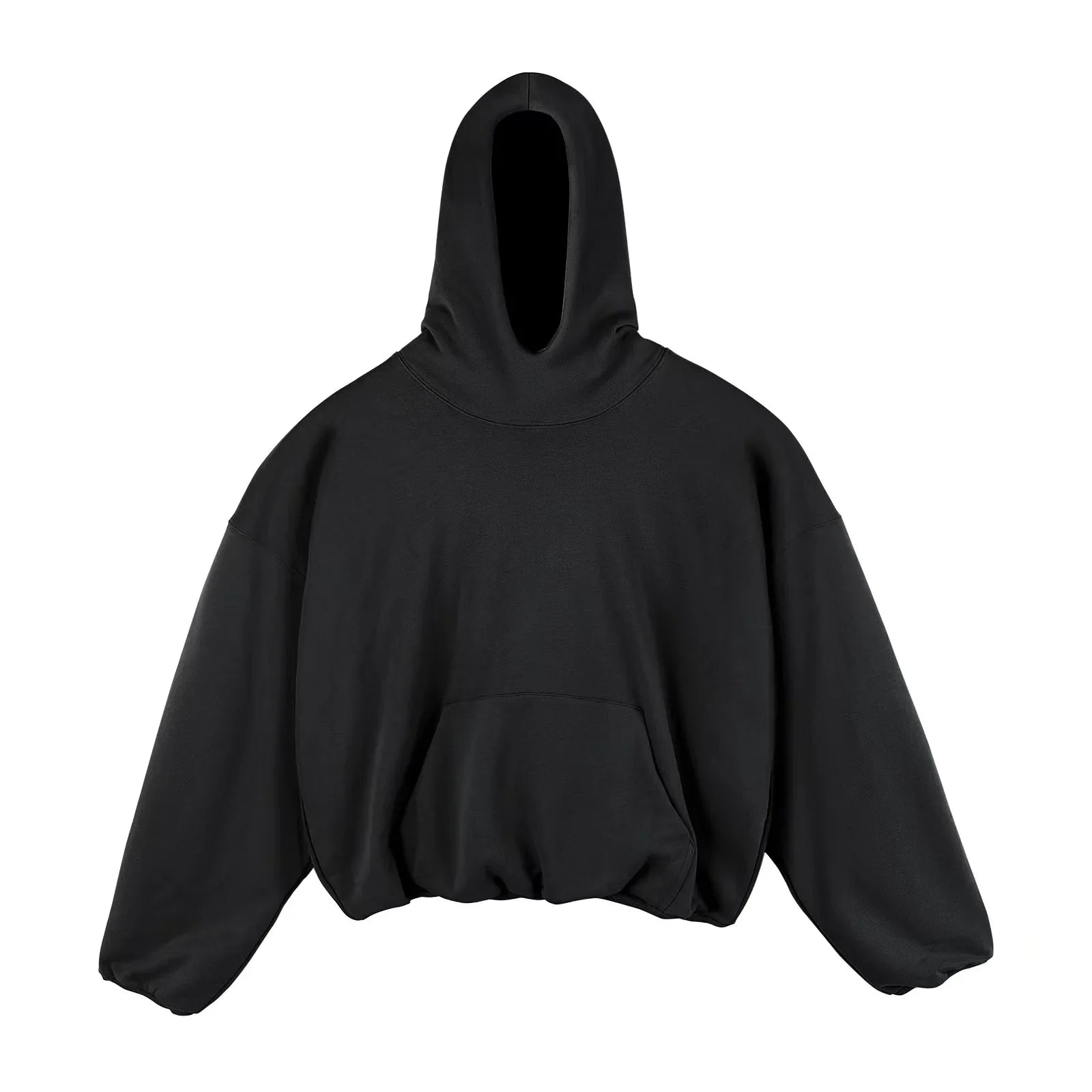 Men’s designer oversized black cropped hoodie with loose baggy sleeves and front pocket for hip hop style