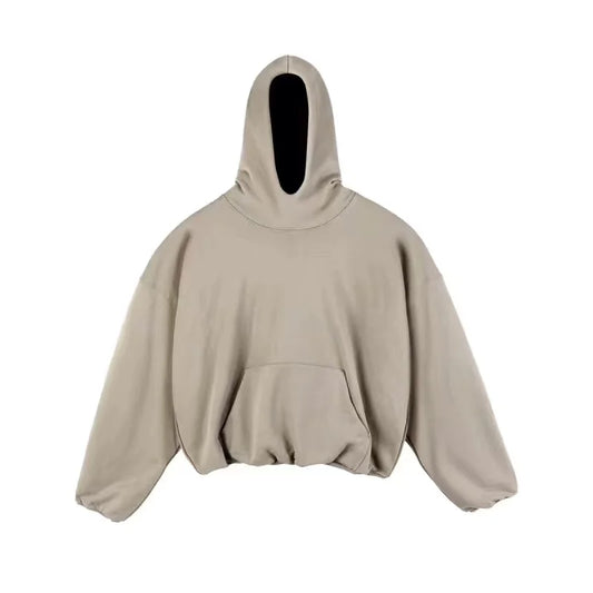 Men’s designer oversized hip hop beige cropped hoodie with black hood interior and front pouch pocket loose fit pullover