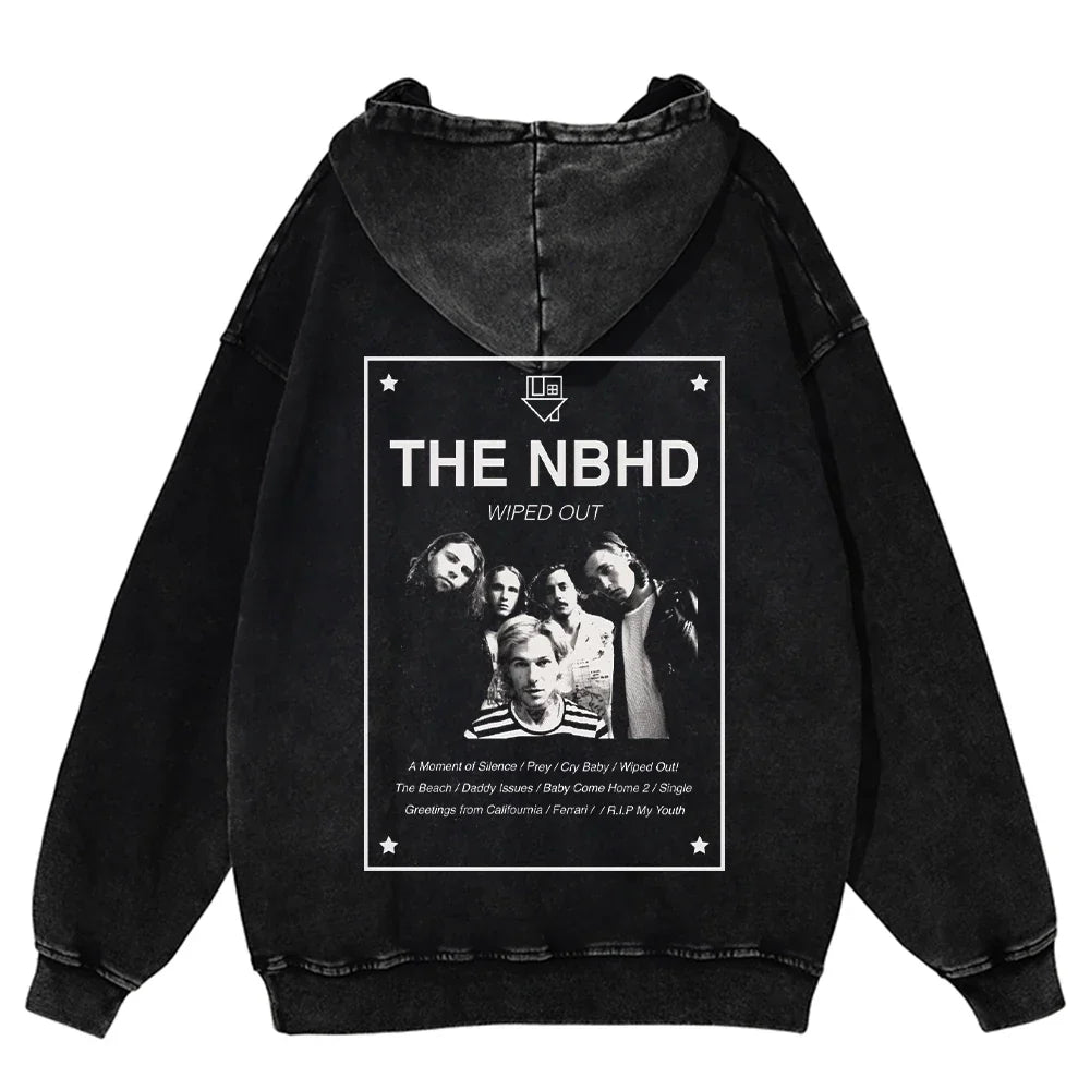 Black distressed cotton hoodie sportswear harajuku with white framed nhbd band graphic and harajuku retro pattern design
