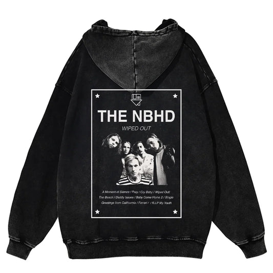 Black distressed cotton hoodie sportswear harajuku with white framed nhbd band graphic and harajuku retro pattern design