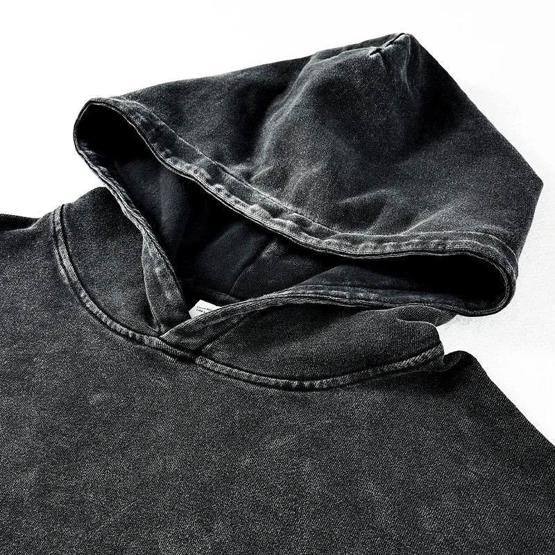 Black denim street wear oversize hoodie sportswear harajuku with faded distressed texture and visible hood stitching