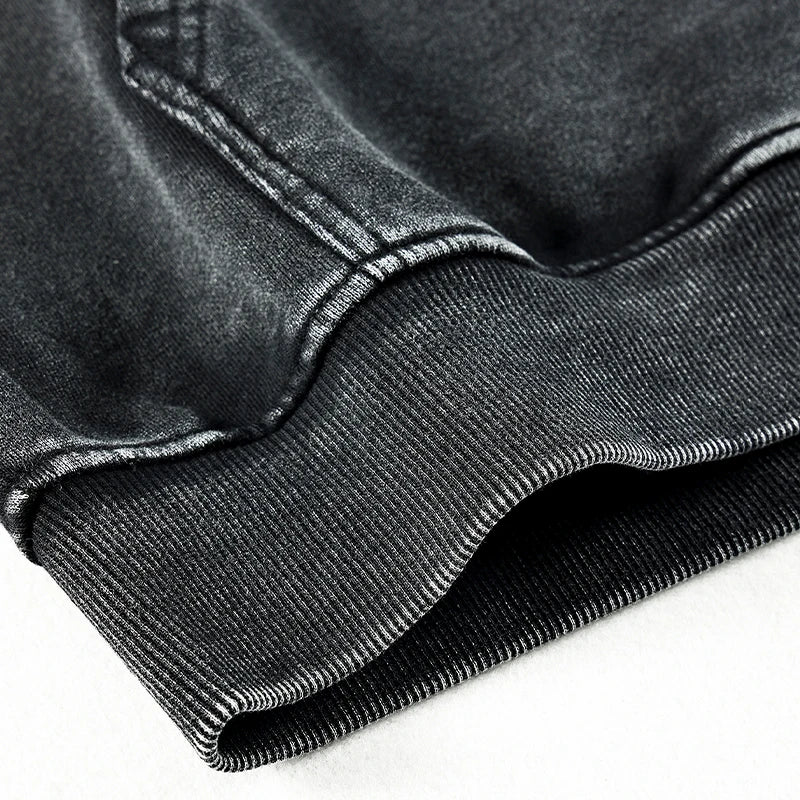 Black denim jacket with ribbed cuffs and visible stitching for street wear oversize hoodie sportswear harajuku style