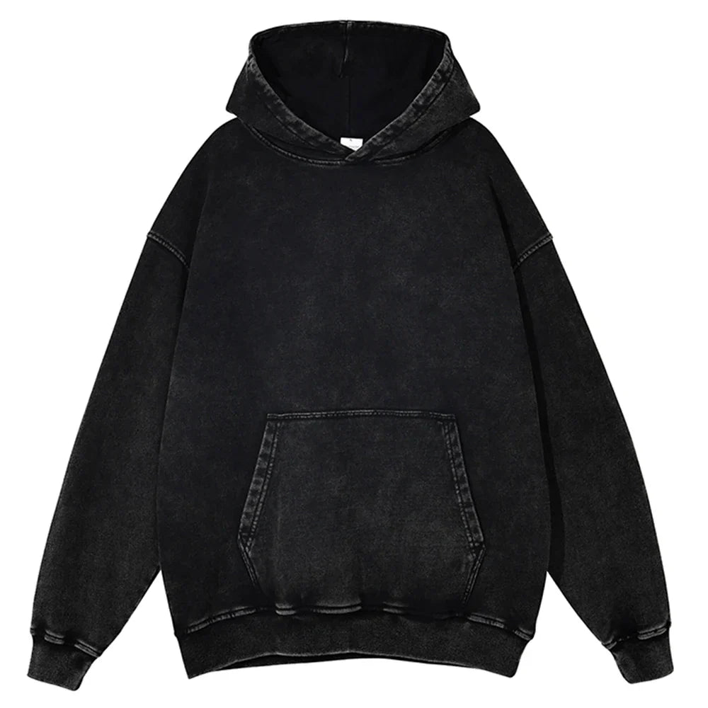Black oversized hoodie sportswear harajuku with faded distressed texture ribbed cuffs and harajuku retro pattern design