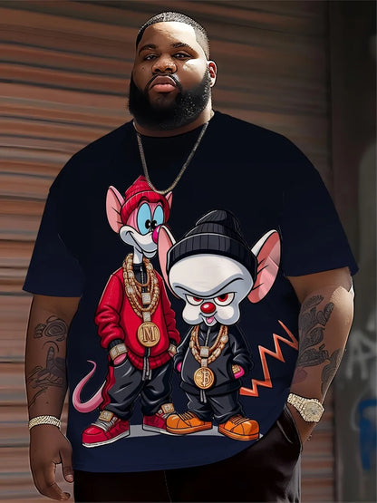 Black men’s hip hop cartoon t-shirt with two mice graphic made of polyester fabric summer top for daily wear