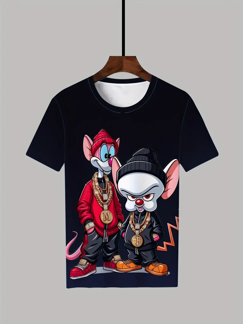 Black short-sleeved men’s t-shirt with vibrant hip hop cartoon animal graphic in polyester fabric summer streetwear
