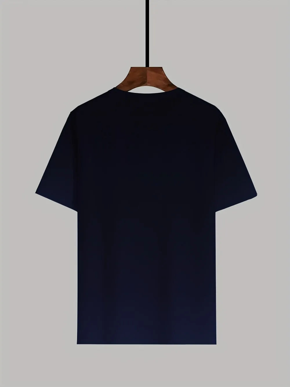 A plain dark navy blue men’s hip hop cartoon animal short-sleeved t-shirt in polyester fabric summer style hanging on wooden hanger