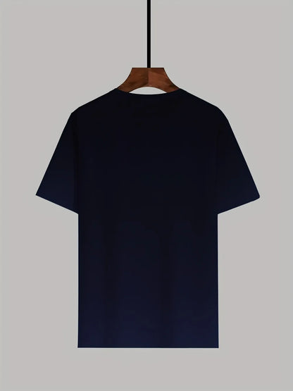 A plain dark navy blue men’s hip hop cartoon animal short-sleeved t-shirt in polyester fabric summer style hanging on wooden hanger