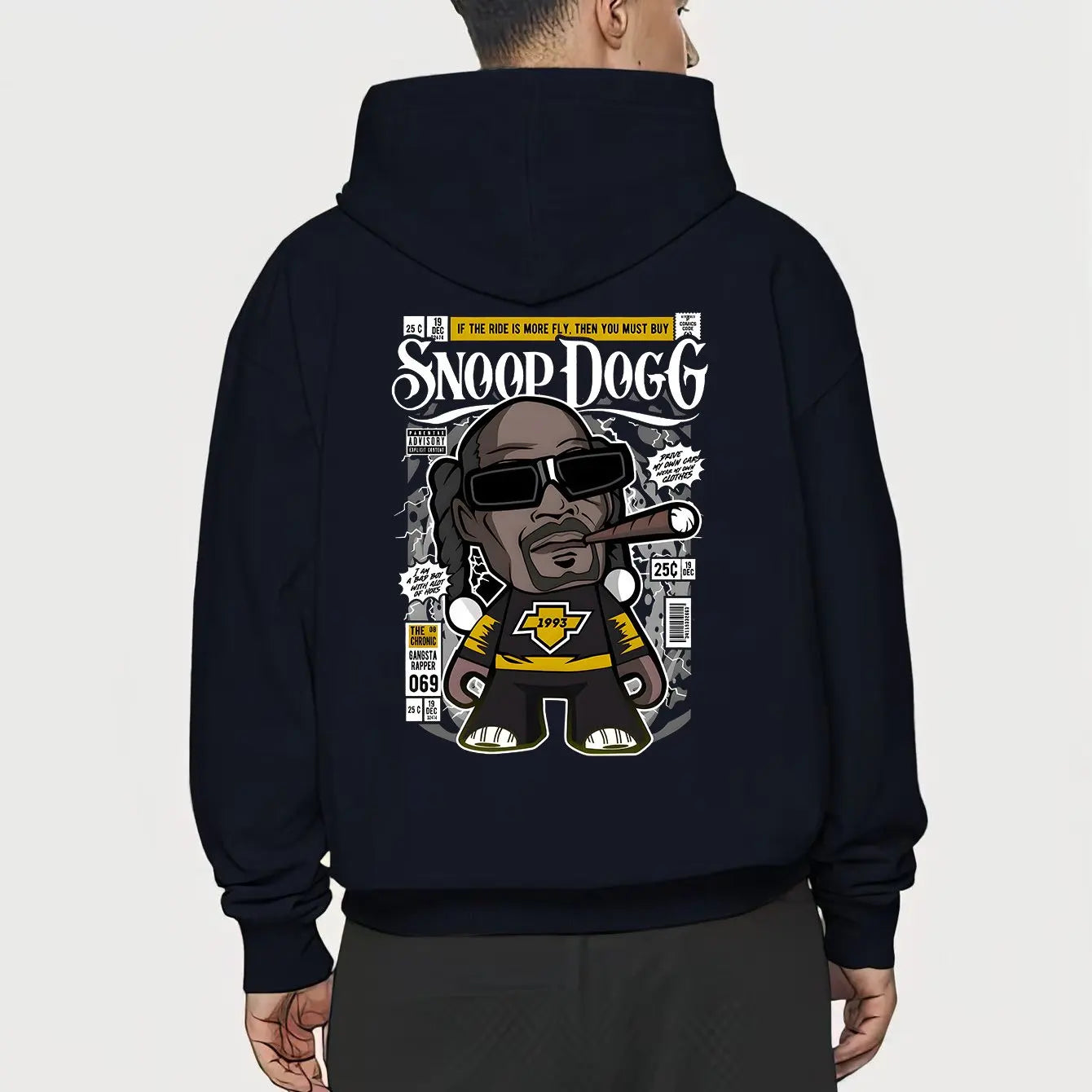 Black men’s hip hop cartoon printed hoodie loose with snoop dogg graphic yellow white accents and pocket details autumn wear