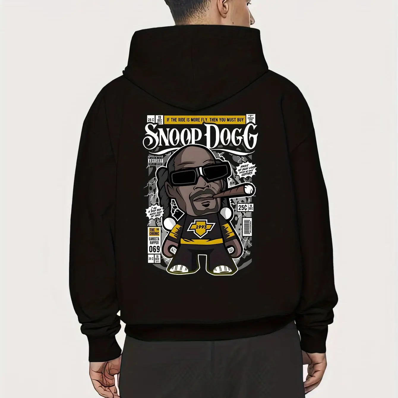 Black men’s hip hop cartoon printed hoodie loose fit featuring snoop dogg graphic with pocket details autumn wear