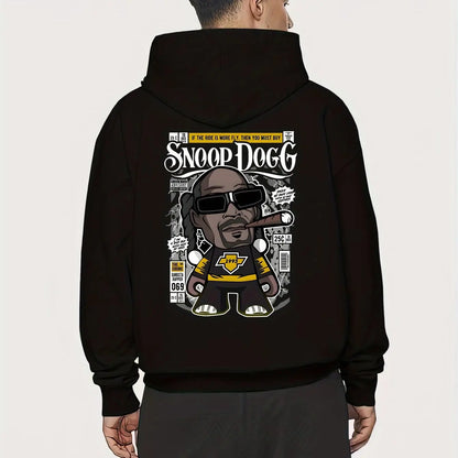 Black men’s hip hop cartoon printed hoodie loose fit featuring snoop dogg graphic with pocket details autumn wear