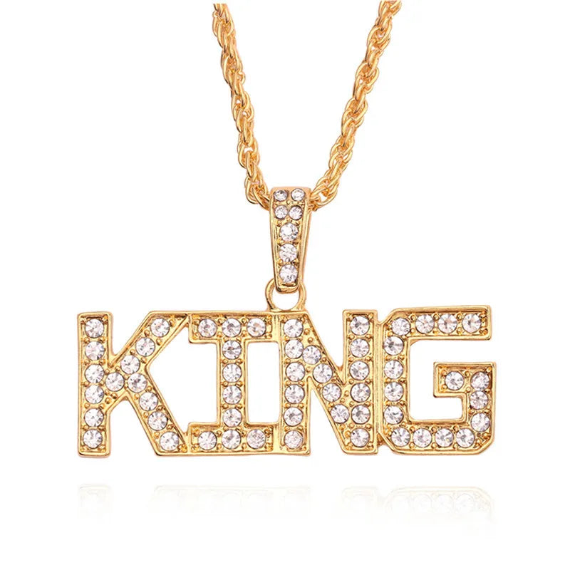 Gold hip hop king pendant necklace with clear rhinestones and matching gold cuban link chain for fashionable gift