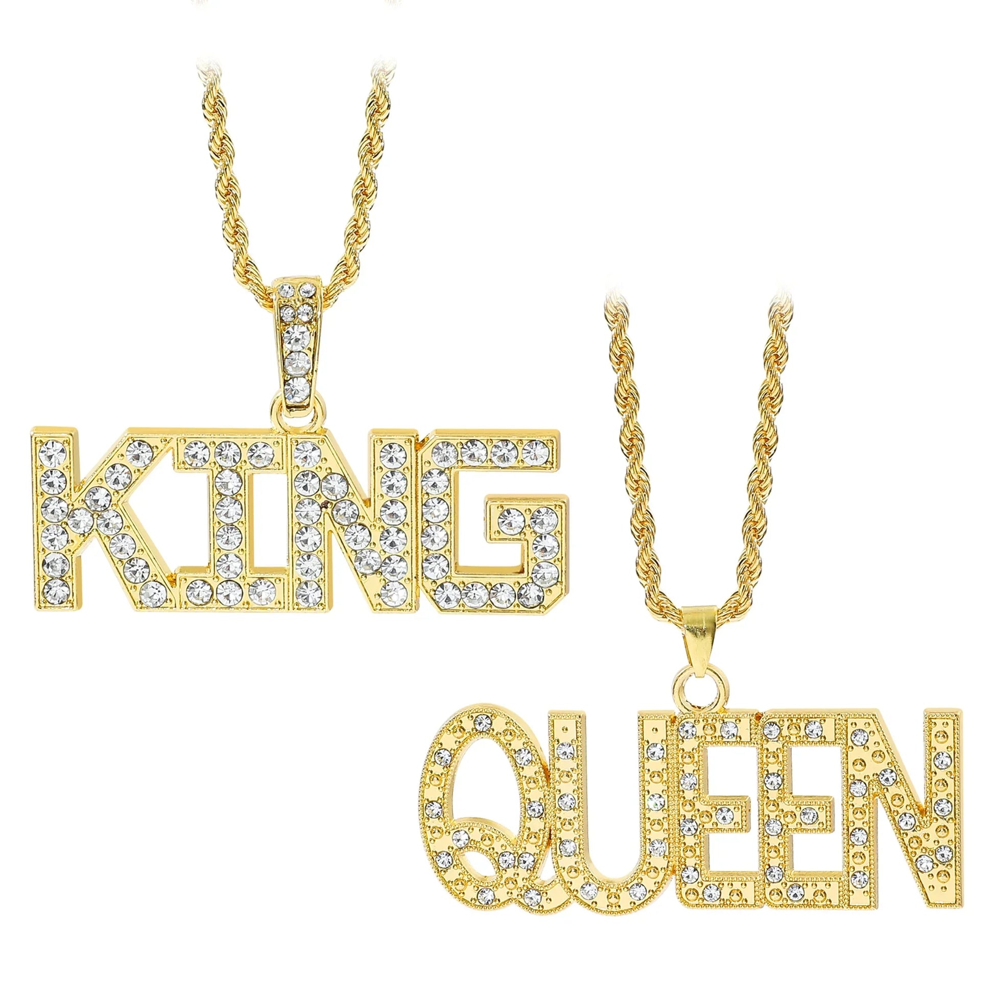Gold-colored hip hop king and queen pendant necklace with full rhinestone edges on iced out cuban link chain