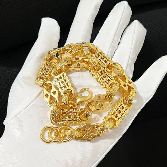 Gold-colored 18k plated copper chain bracelet with star and lattice patterns for men’s hip hop fashion gift