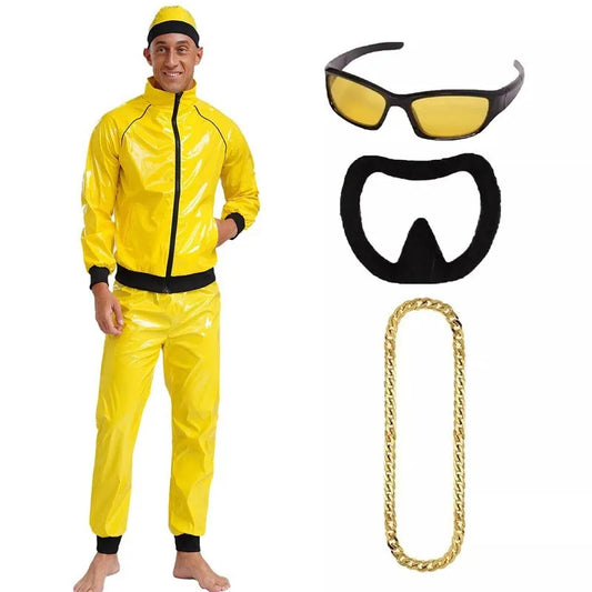 Yellow shiny raincoat with black trim and zipper in men’s hip hop punk patent leather outfit for rapper stage performance