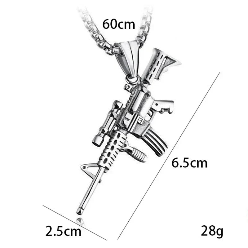 Silver-colored stainless steel machine gun pendant necklace with detailed rifle design for hip hop punk style