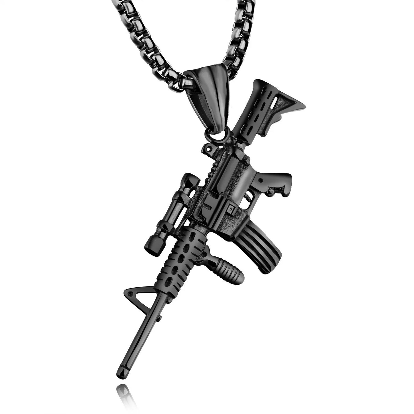 Men’s black gold color machine gun pendant necklace with detailed metalwork and stainless steel hip hop punk chain